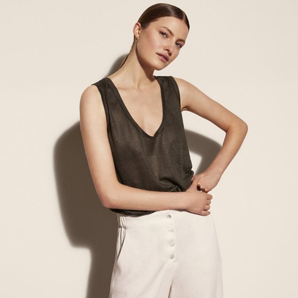 Massimo Dutti 100% Linen Sleeveless Top Oversized Coated Tee Pocket Khaki Green - Picture 2 of 15